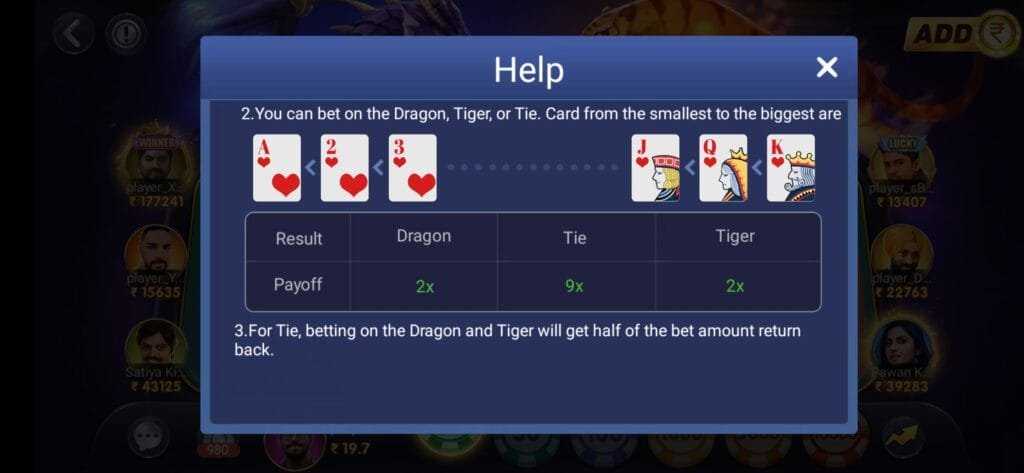 Rules of Playing Dragon vs Tiger On Teen Patti Master